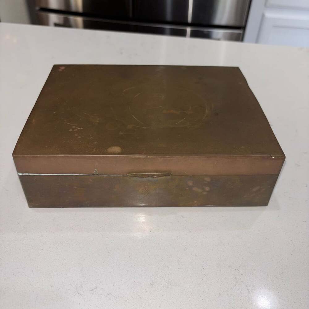 Vintage Mid-Century Brass Humidor Cigar Box Wood Interior